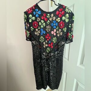 VINTAGE Floral Colorful Beaded Black Dress